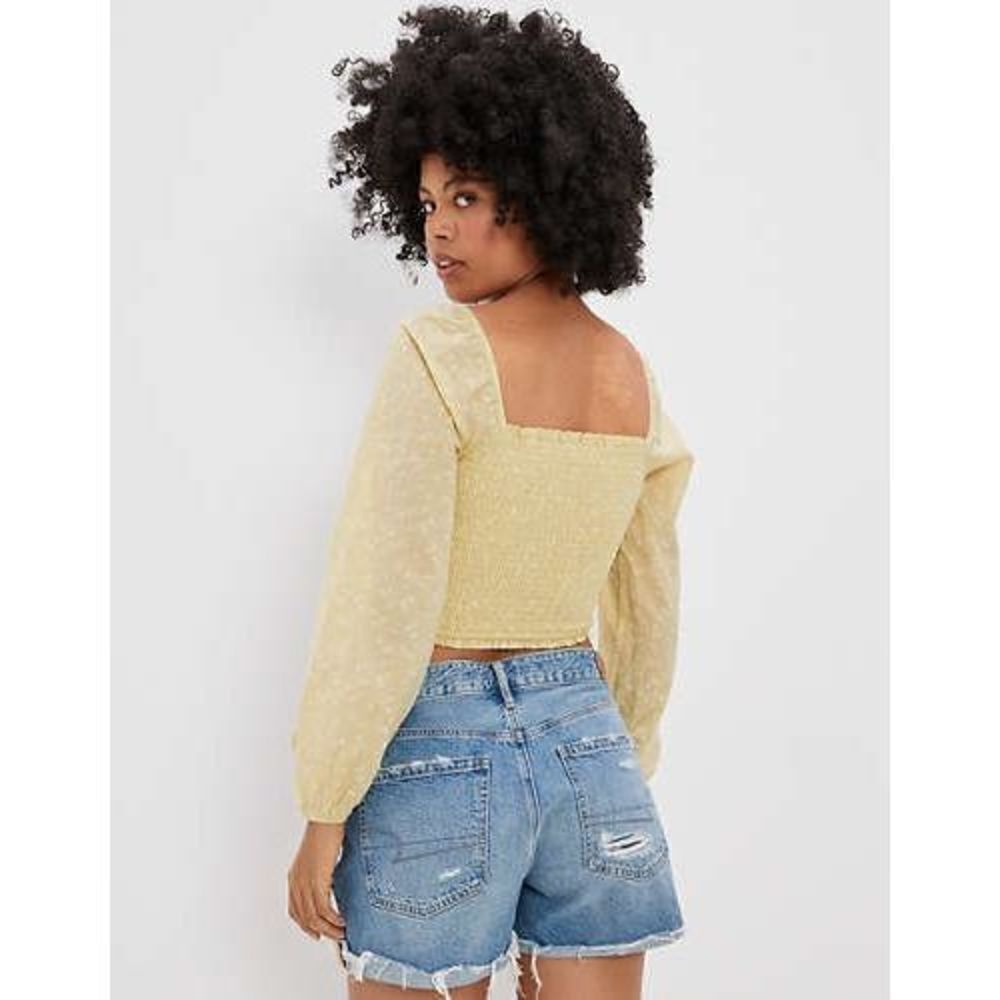 Aerie Square Neck Smocked Bishop Sleeve Crop Top